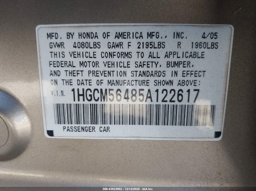 2005 Honda Accord 2.4 Lx VIN: 1HGCM56485A122617 Lot: 43923902