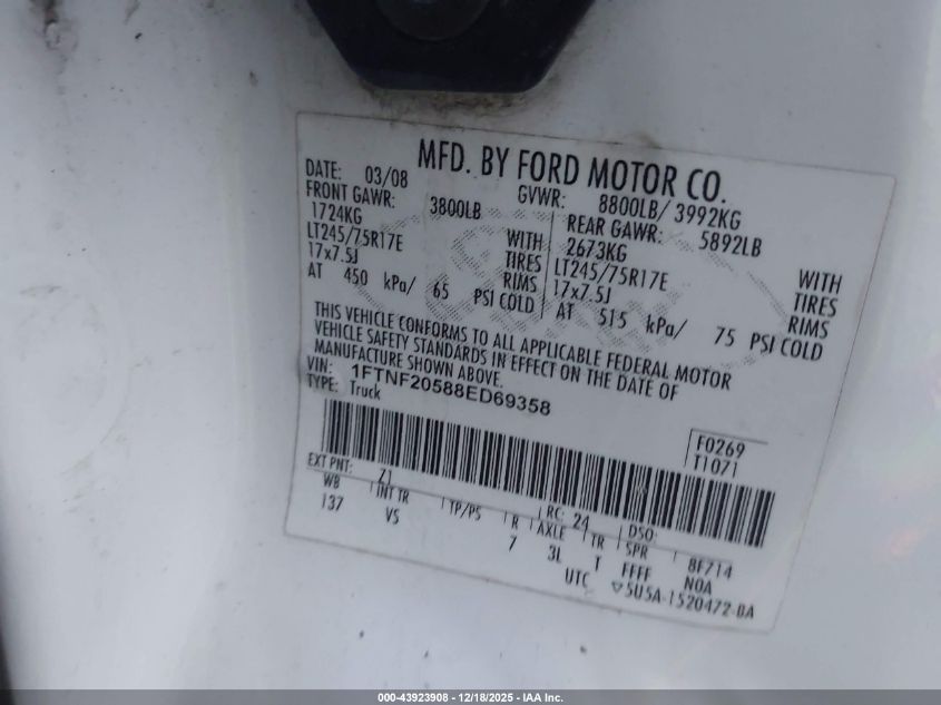 2008 Ford F-250 Xl/Xlt VIN: 1FTNF20588ED69358 Lot: 43923908