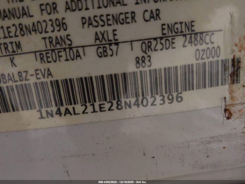 2008 Nissan Altima 2.5 S VIN: 1N4AL21E28N402396 Lot: 43923920