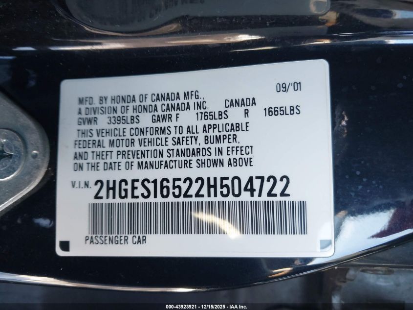 2002 Honda Civic Lx VIN: 2HGES16522H504722 Lot: 43923921