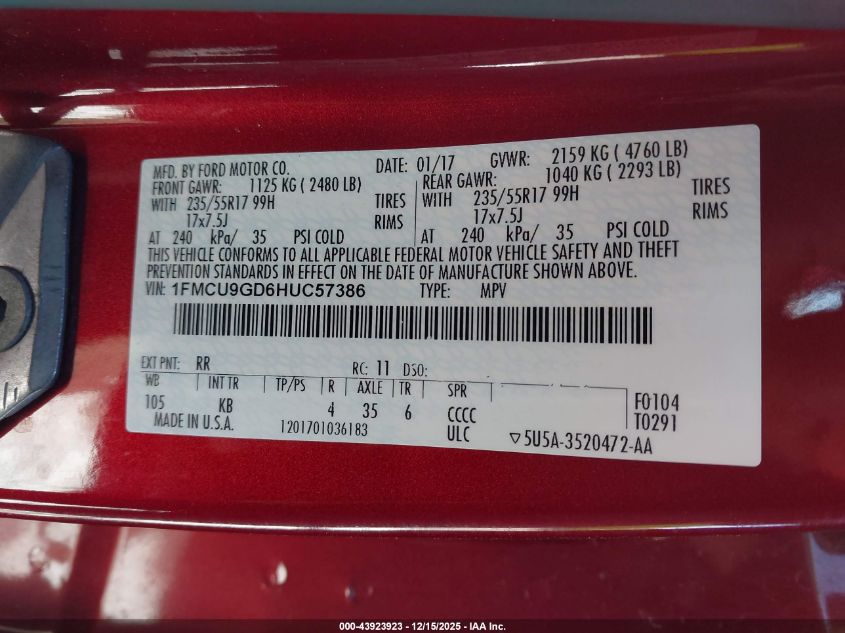 2017 Ford Escape Se VIN: 1FMCU9GD6HUC57386 Lot: 43923923