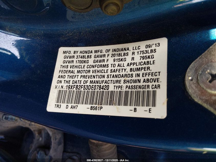 2013 Honda Civic Lx VIN: 19XFB2F53DE078420 Lot: 43923927