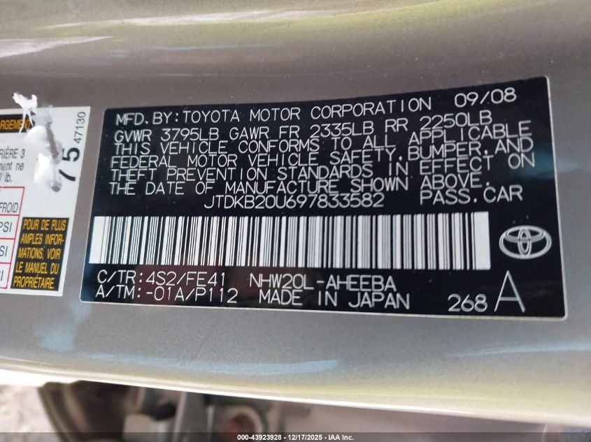 2009 Toyota Prius VIN: JTDKB20U697833582 Lot: 43923928