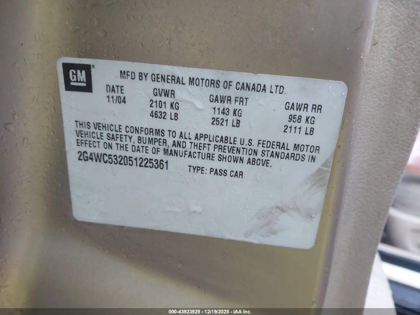 2005 Buick Lacrosse Cx VIN: 2G4WC532051225361 Lot: 43923929