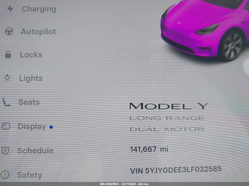 2020 Tesla Model Y Long Range Dual Motor All-Wheel Drive VIN: 5YJYGDEE3LF032585 Lot: 43923933