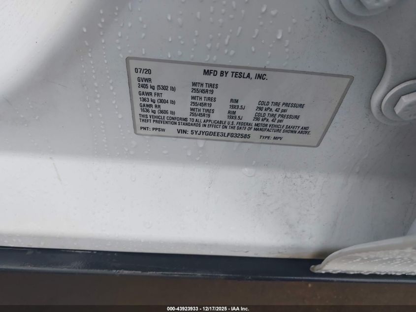 2020 Tesla Model Y Long Range Dual Motor All-Wheel Drive VIN: 5YJYGDEE3LF032585 Lot: 43923933