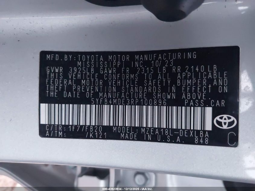 2024 Toyota Corolla Le VIN: 5YFB4MDE3RP100896 Lot: 43923934