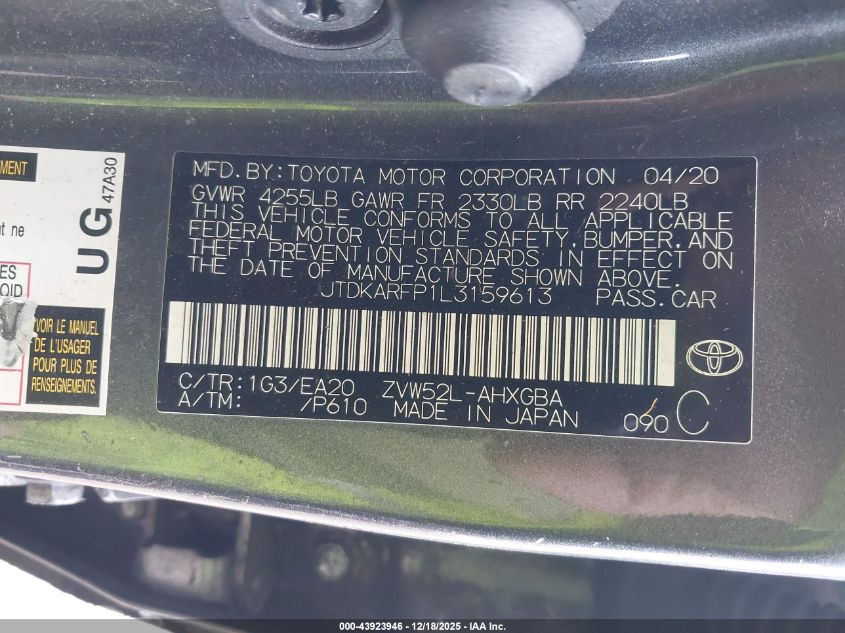 2020 Toyota Prius Prime Xle VIN: JTDKARFP1L3159613 Lot: 43923946