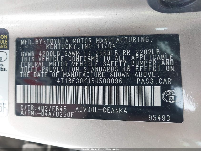 2005 Toyota Camry Le VIN: 4T1BE30K15U508096 Lot: 43923949