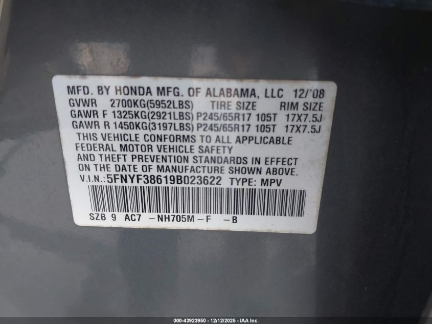2009 Honda Pilot Ex-L VIN: 5FNYF38619B023622 Lot: 43923950