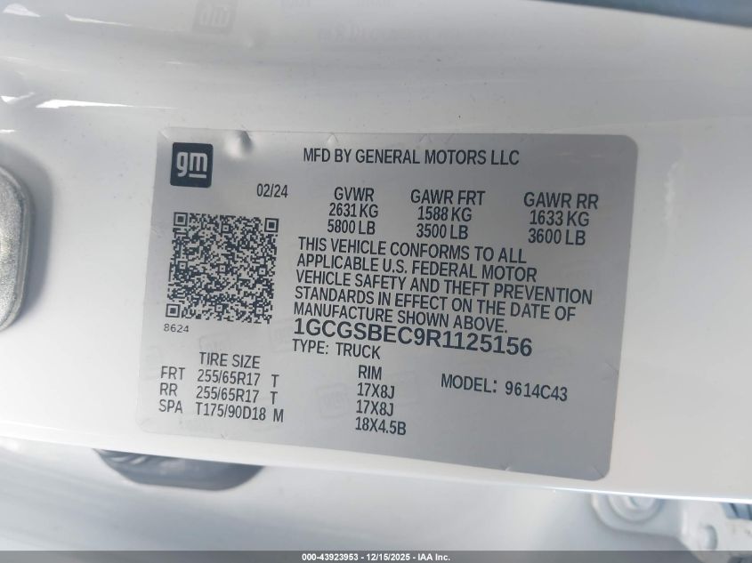 2024 Chevrolet Colorado 2Wd Wt VIN: 1GCGSBEC9R1125156 Lot: 43923953