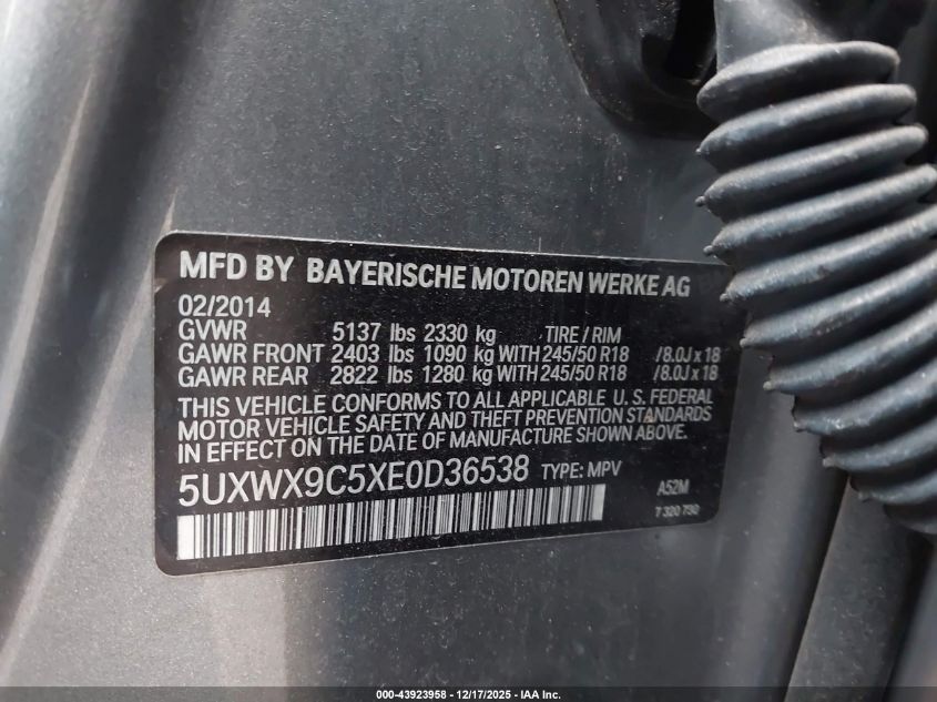 2014 BMW X3 xDrive28I VIN: 5UXWX9C5XE0D36538 Lot: 43923958