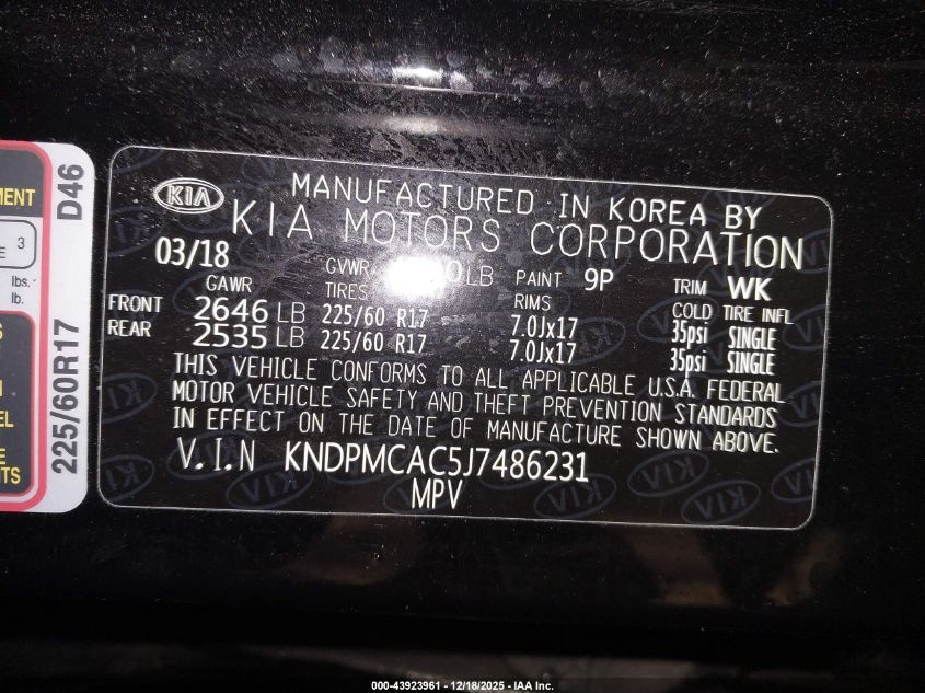 2018 Kia Sportage Lx VIN: KNDPMCAC5J7486231 Lot: 43923961