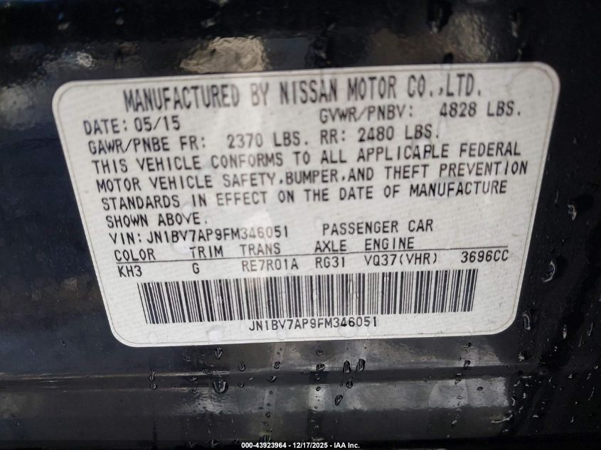 2015 Infiniti Q50 Premium VIN: JN1BV7AP9FM346051 Lot: 43923964