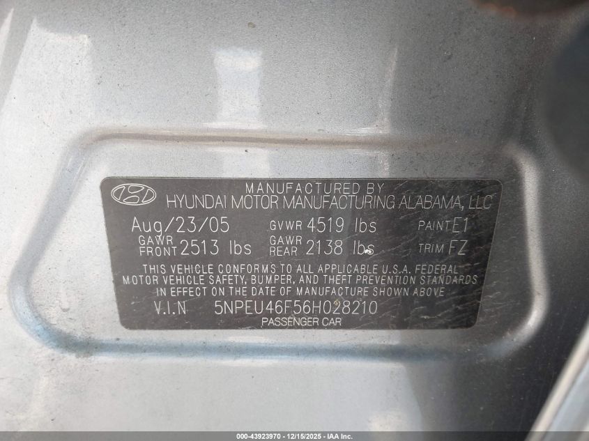 2006 Hyundai Sonata Gls V6/Lx V6 VIN: 5NPEU46F56H028210 Lot: 43923970