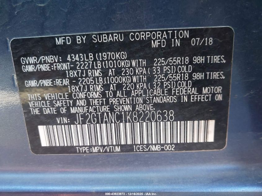 2019 Subaru Crosstrek 2.0I Limited VIN: JF2GTANC1K8220638 Lot: 43923973