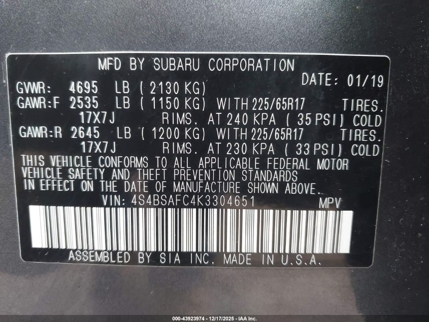 2019 Subaru Outback 2.5I Premium VIN: 4S4BSAFC4K3304651 Lot: 43923974