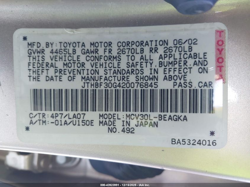 2002 Lexus Es 300 VIN: JTHBF30G420076845 Lot: 43923991