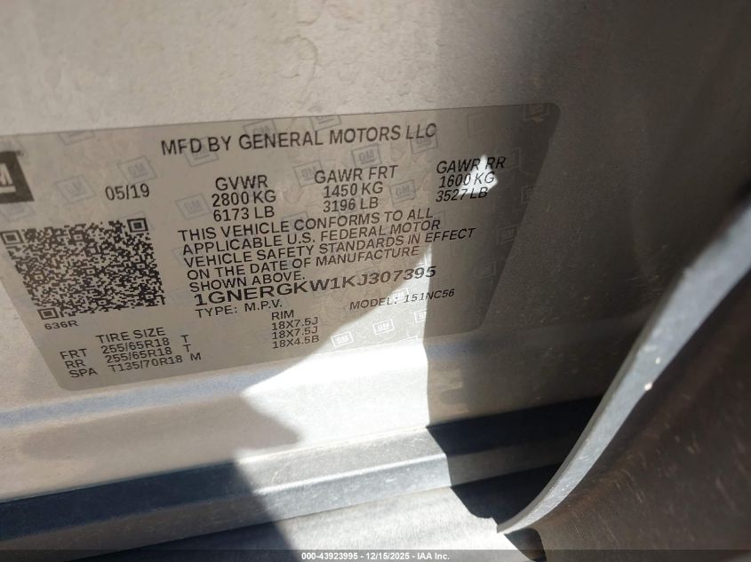 2019 Chevrolet Traverse 1Lt VIN: 1GNERGKW1KJ307395 Lot: 43923995