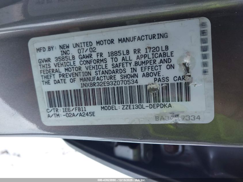 2003 Toyota Corolla Ce VIN: 1NXBR32E93Z070534 Lot: 43923998