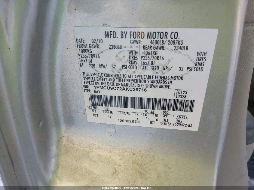 2010 Ford Escape Xls VIN: 1FMCU9C72AKC29716 Lot: 43924006