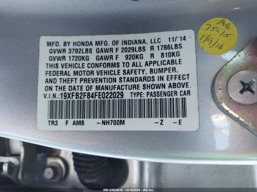 2015 Honda Civic Ex VIN: 19XFB2F84FE022029 Lot: 43924016