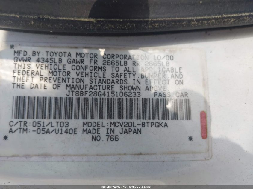 2001 Lexus Es 300 VIN: JT8BF28G415106233 Lot: 43924017