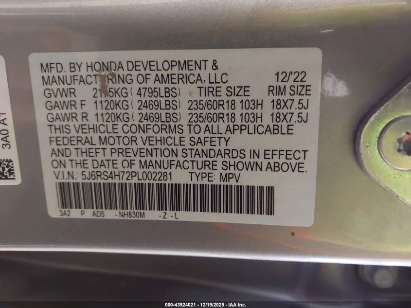 2023 Honda Cr-V Ex-L Awd VIN: 5J6RS4H72PL002281 Lot: 43924021