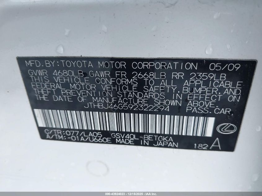 2009 Lexus Es 350 VIN: JTHBJ46G592322294 Lot: 43924023