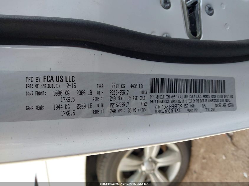 2015 Jeep Patriot Sport VIN: 1C4NJPBB9FD281159 Lot: 43924025