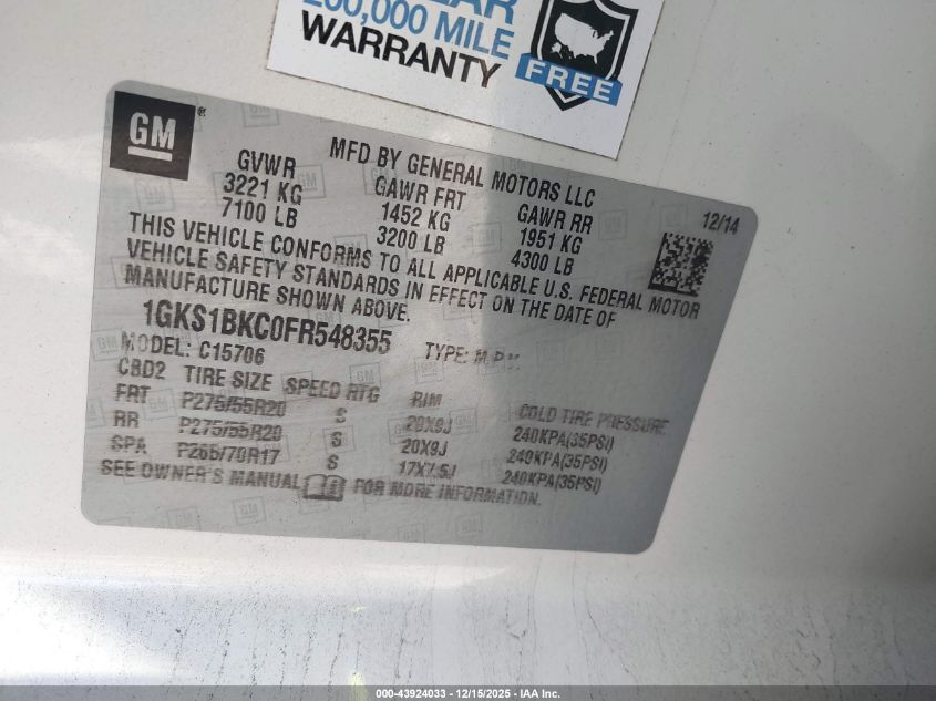 2015 GMC Yukon Slt VIN: 1GKS1BKC0FR548355 Lot: 43924033