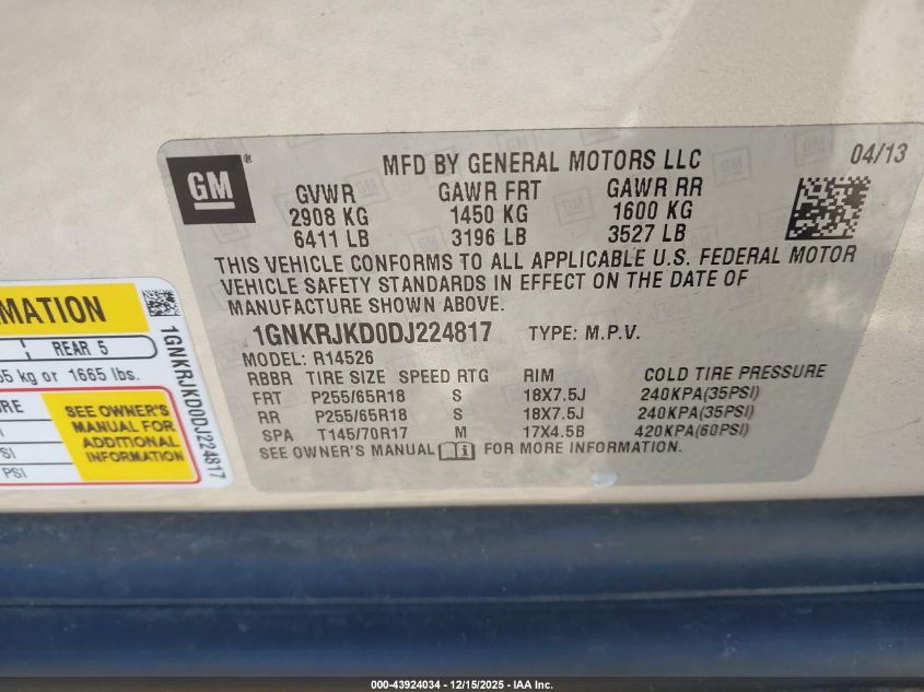 2013 Chevrolet Traverse 2Lt VIN: 1GNKRJKDODJ224817 Lot: 43924034