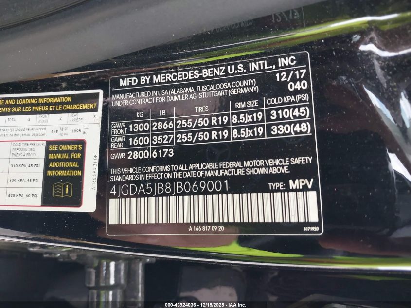 2018 Mercedes-Benz Gle 350 VIN: 4JGDA5JB8JB069001 Lot: 43924036