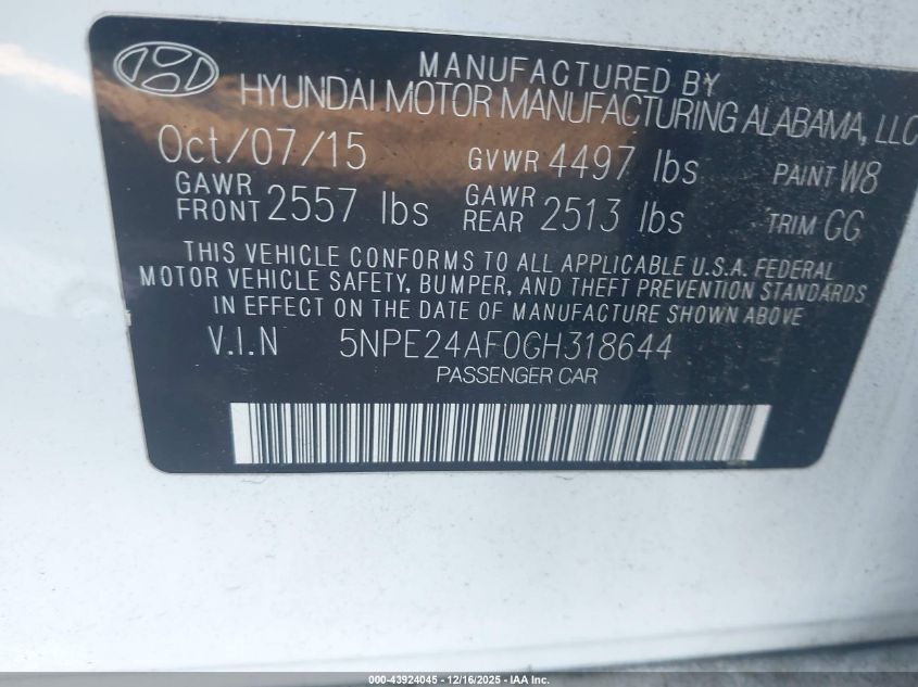2016 Hyundai Sonata Se VIN: 5NPE24AF0GH318644 Lot: 43924045