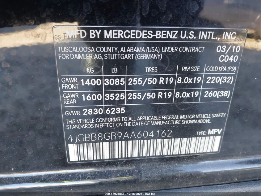 2010 Mercedes-Benz Ml 350 4Matic VIN: 4JGBB8GB9AA604162 Lot: 43924046