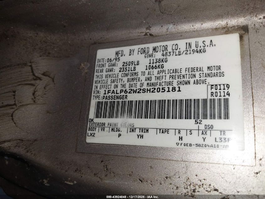 1995 Ford Thunderbird Lx VIN: 1FALP62W2SH205181 Lot: 43924048
