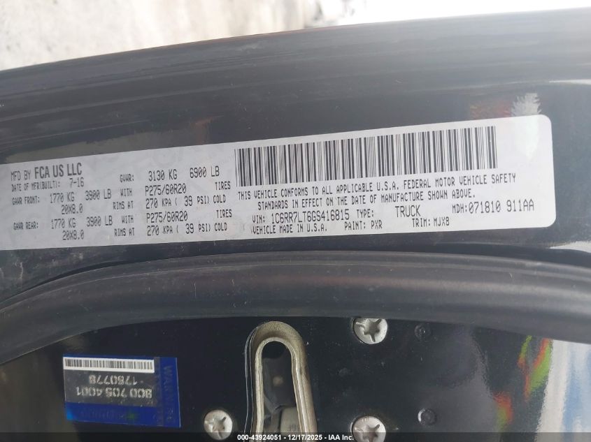 2016 Ram 1500 Lone Star VIN: 1C6RR7LT6GS416815 Lot: 43924051