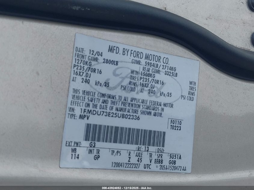 2005 Ford Explorer Xlt/Xlt Sport VIN: 1FMDU73E25UB02336 Lot: 43924052