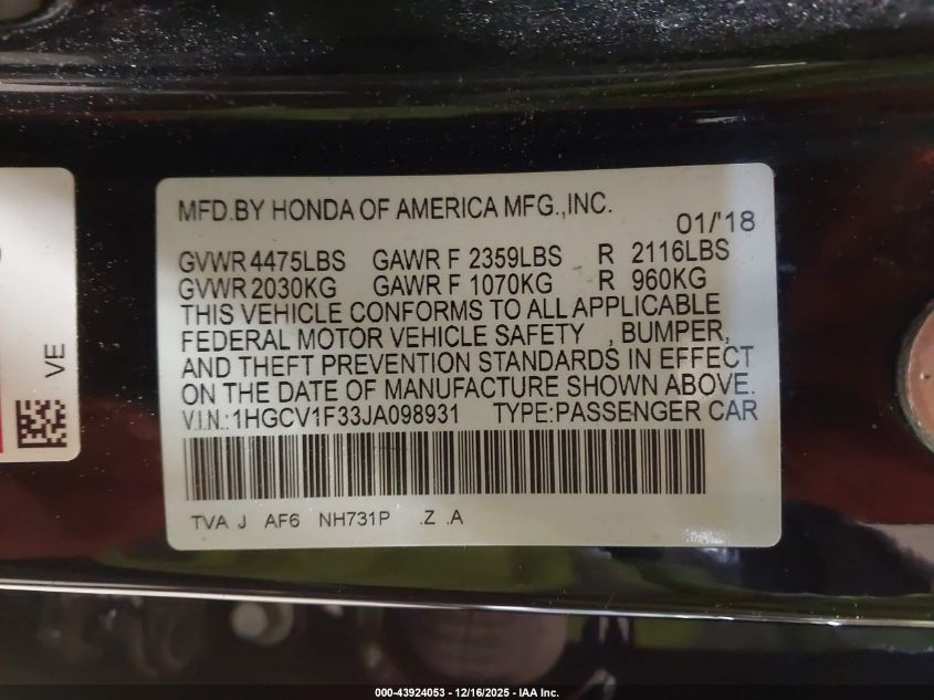 2018 Honda Accord Sport VIN: 1HGCV1F33JA098931 Lot: 43924053