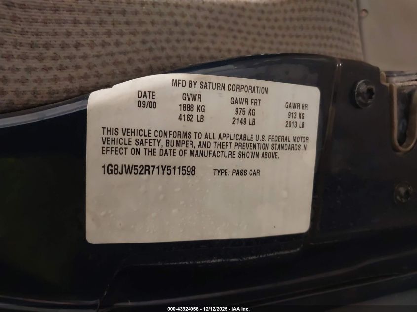 2001 Saturn L300 VIN: 1G8JW52R71Y511598 Lot: 43924058