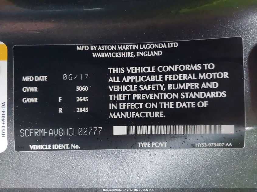 2017 Aston Martin Db11 Launch Edition VIN: SCFRMFAV8HGL02777 Lot: 43924059