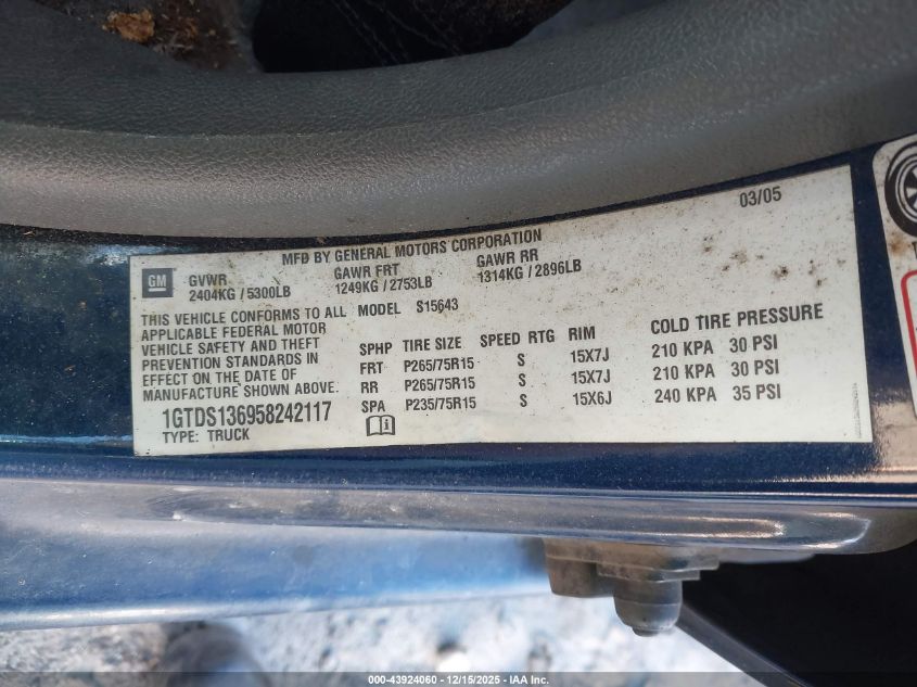 2005 GMC Canyon Sle VIN: 1GTDS136958242117 Lot: 43924060