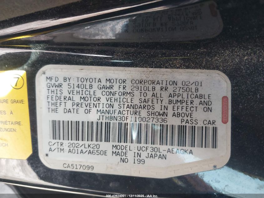 2001 Lexus Ls 430 VIN: JTHBN30F110027336 Lot: 43924061