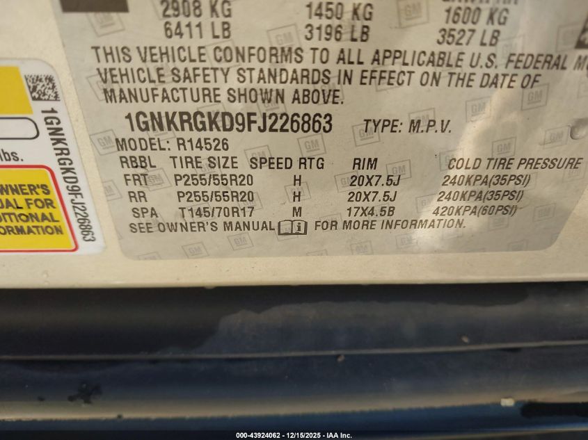 2015 Chevrolet Traverse 1Lt VIN: 1GNKRGKD9FJ226863 Lot: 43924062