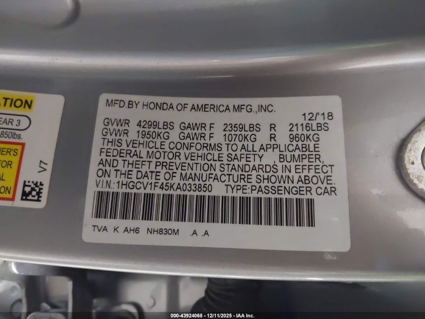 2019 Honda Accord Ex VIN: 1HGCV1F45KA033850 Lot: 43924068