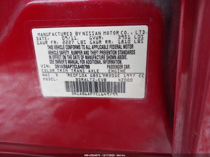 2012 Nissan Sentra 2.0 S VIN: 3N1AB6AP7CL649799 Lot: 43924070