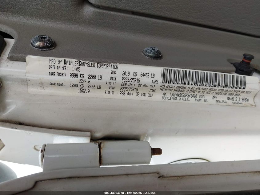 2005 Jeep Wrangler Sport VIN: 1J4FA49S35P343400 Lot: 43924078