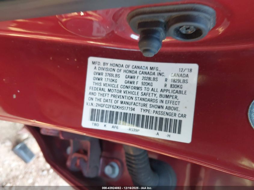 2019 Honda Civic Lx VIN: 2HGFC2F62KH517194 Lot: 43924082