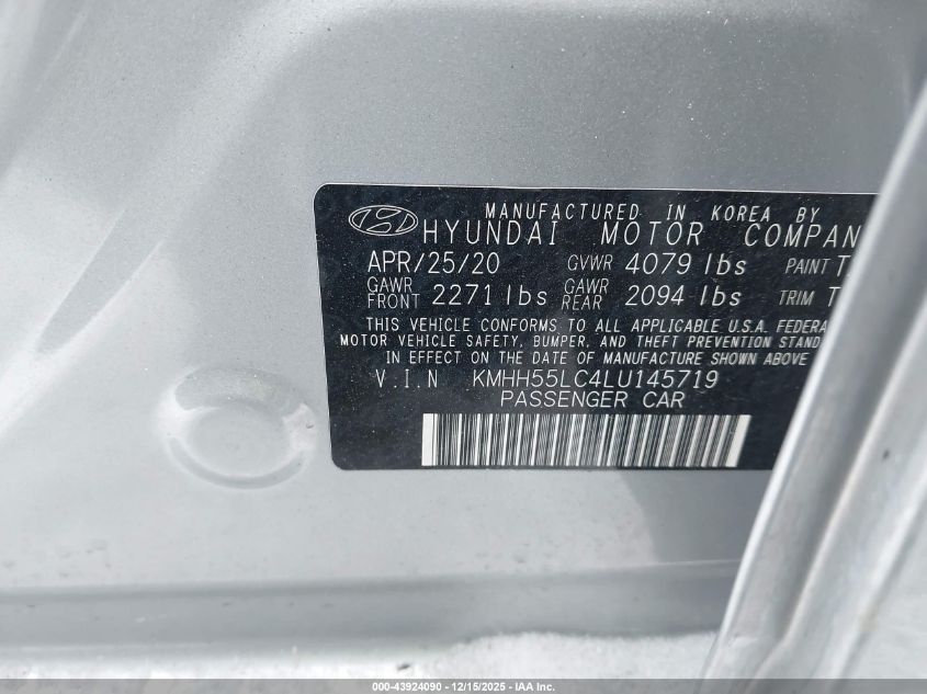 2020 Hyundai Elantra Gt N Line VIN: KMHH55LC4LU145719 Lot: 43924090