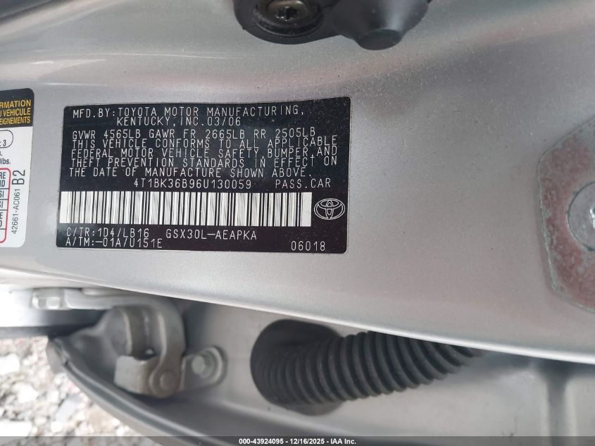 2006 Toyota Avalon Limited VIN: 4T1BK36B96U130059 Lot: 43924095